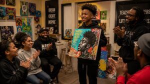 Teen showcasing artwork in a St Louis youth development art program - Community Art Programs Teen showcasing artwork in a St Louis youth development art program